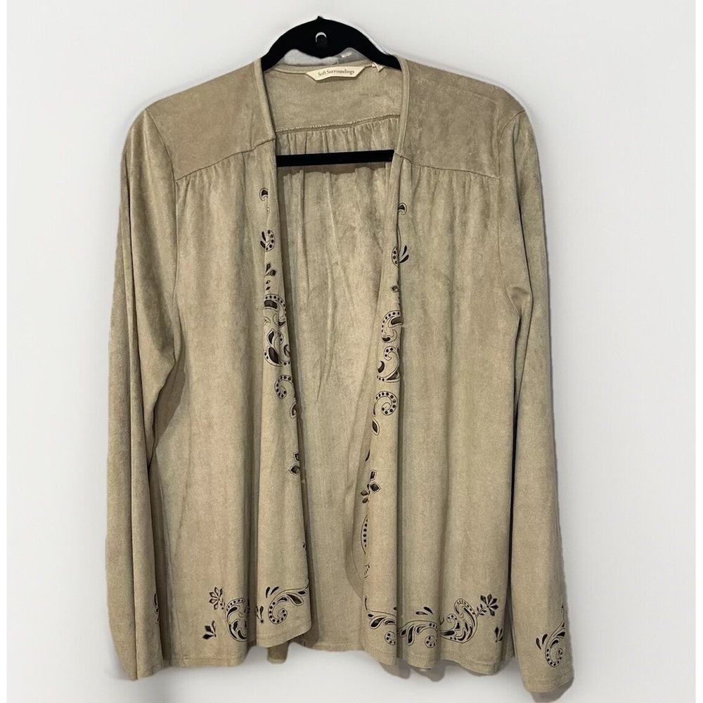 Soft Surroundings Women's XL Faux Suede Boho Hippy‎ Floral Long Sleeve Cardigan